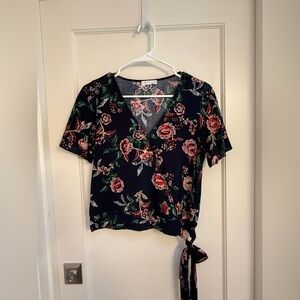 Socialite Black Floral Wrap Blouse Size Small